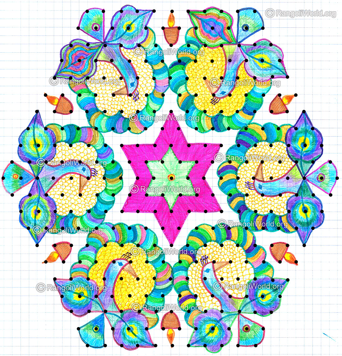 Peacock kolam with dots