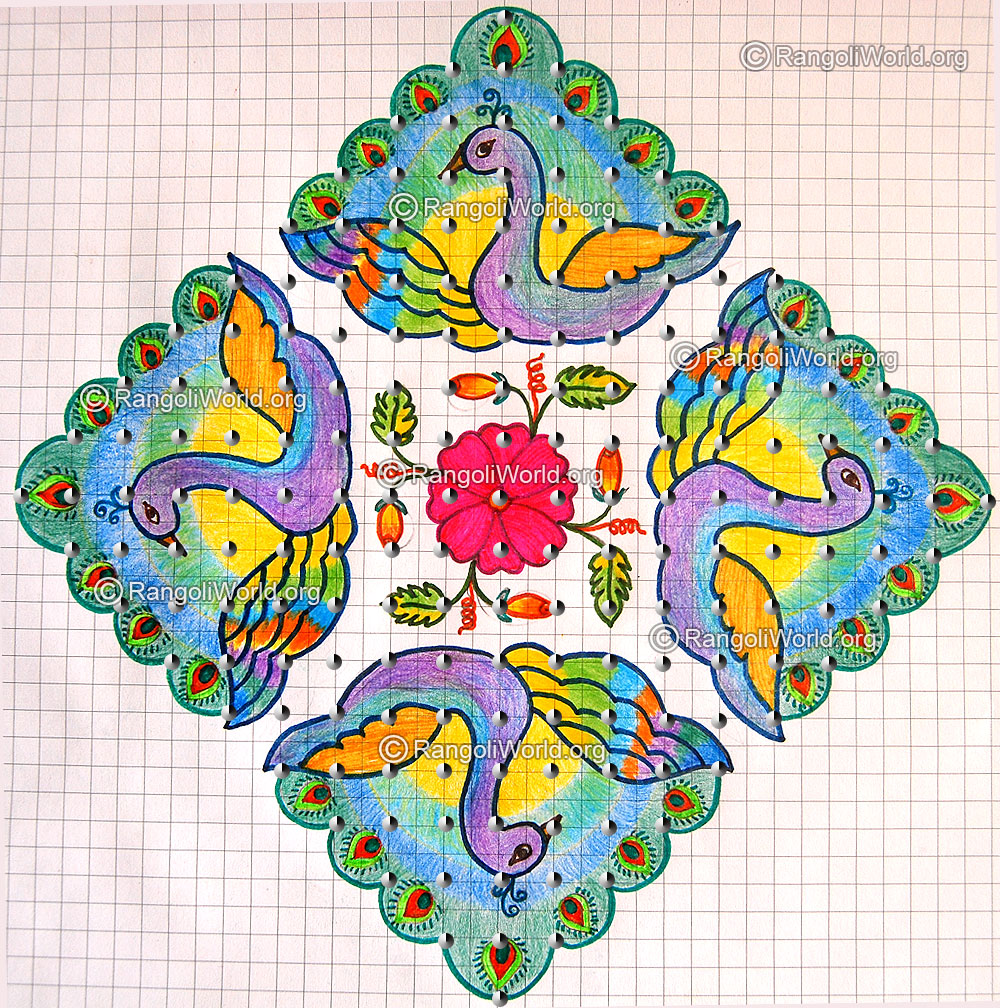 Peacock kolam with dots