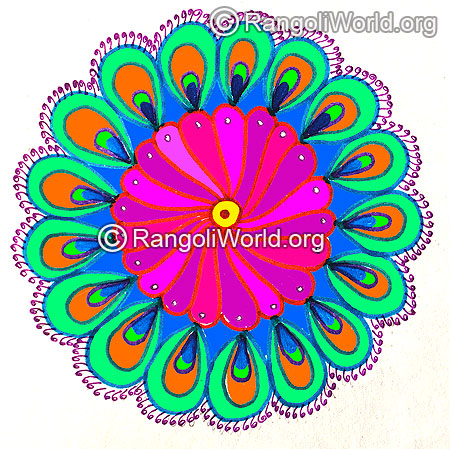 Beautiful festival rangoli peacock feather theme feb 2016