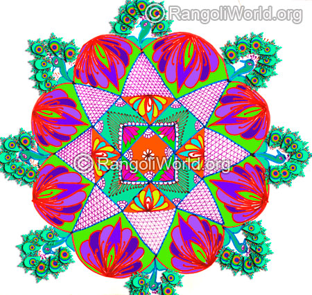 Peacock lotus freehand festival rangoli feb 2016