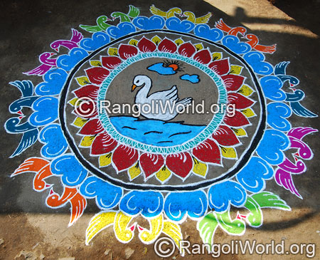 Love birds with swan freehand rangoli mar