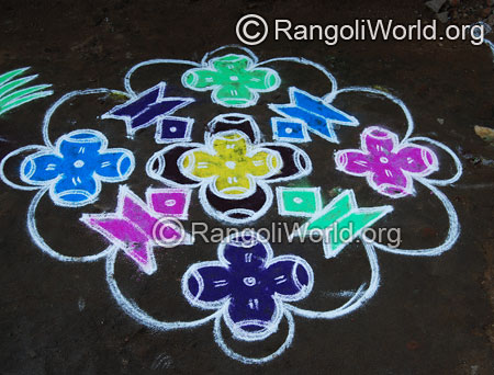 Vilakku deepam flowers rangoli kolam with dotted pattern