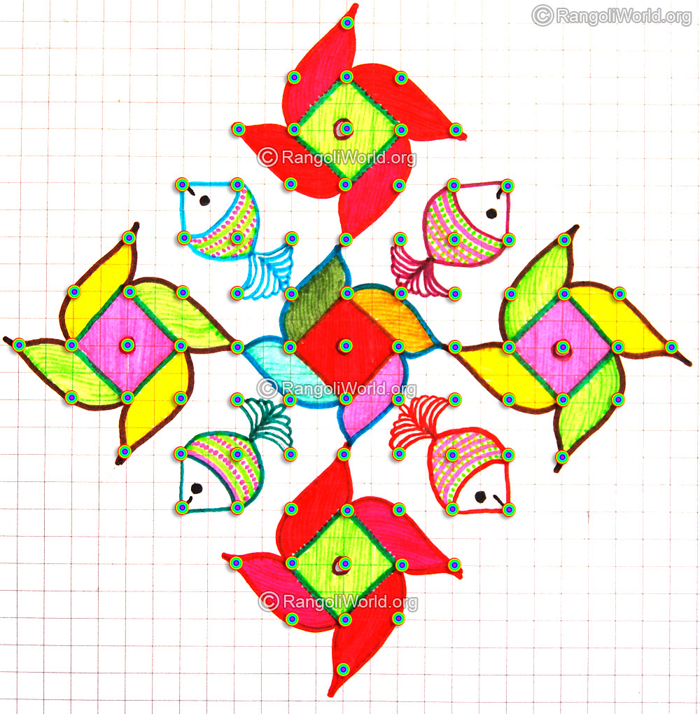 Fish Flower Kolam may13 with dots