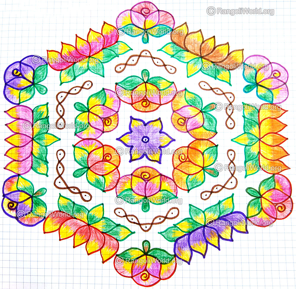 Colorful lotus with rose kolam