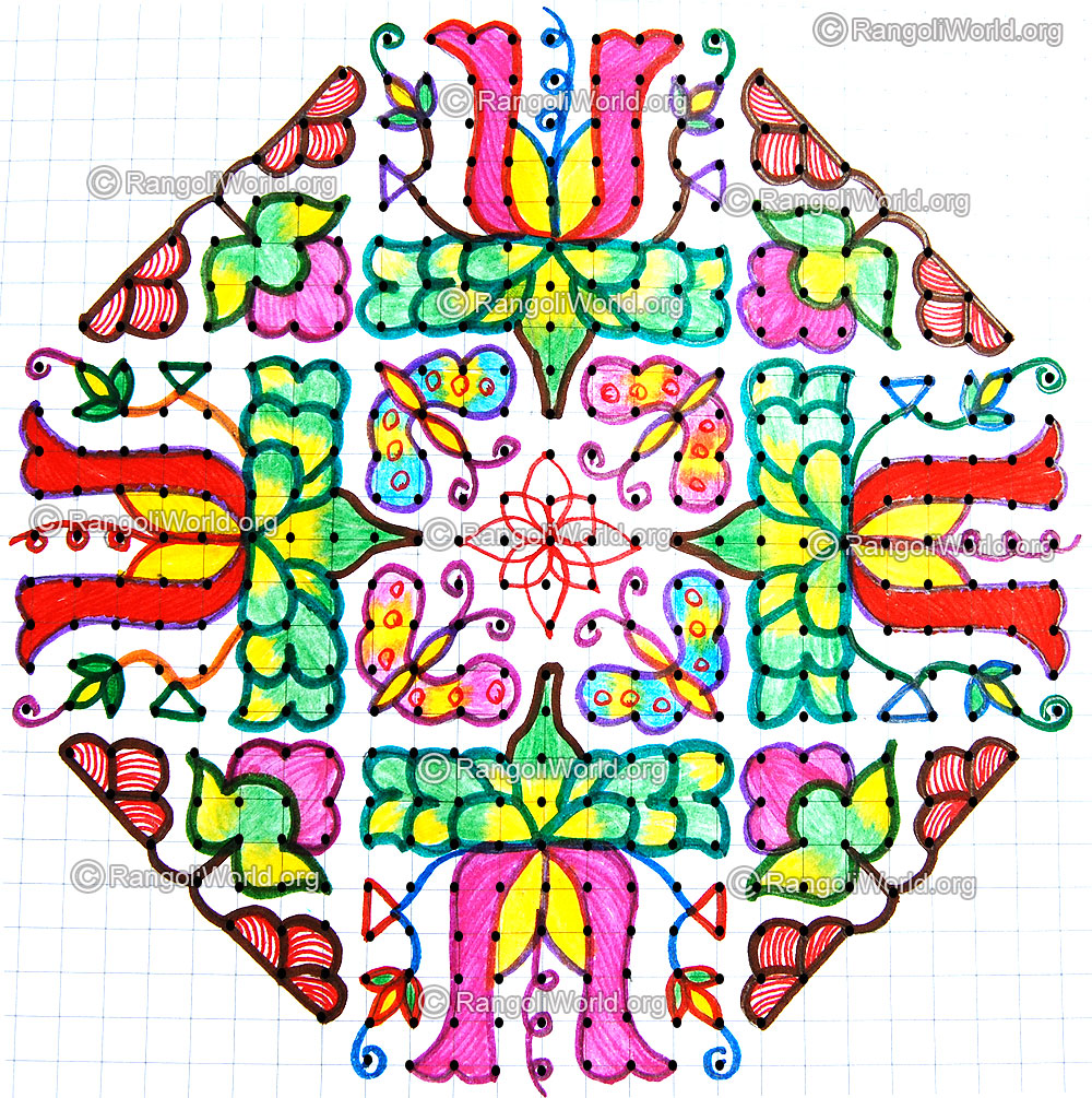 Flowers and butterflies kolam with dots