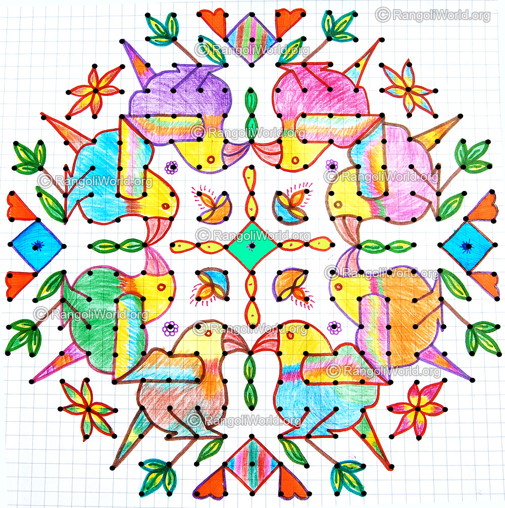 Panchavarna kili parrot bird kolam with dots