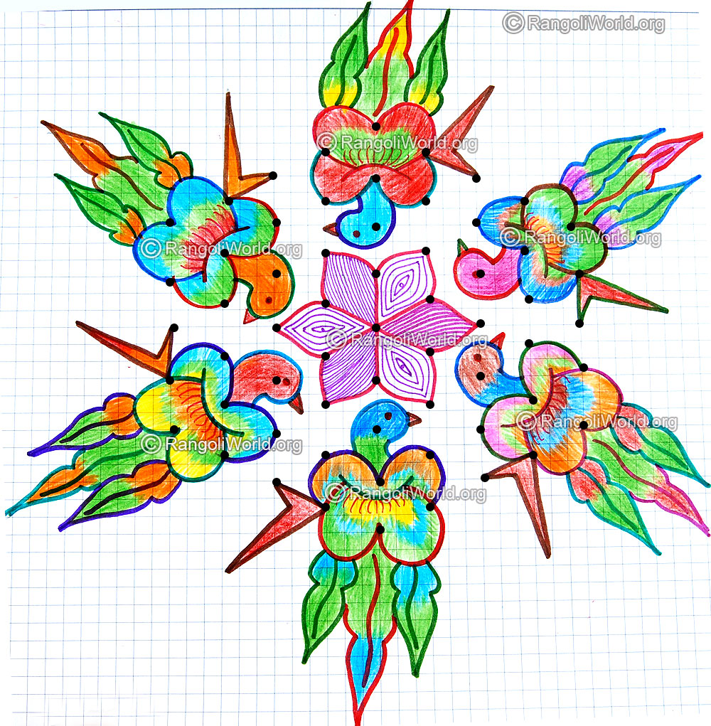 Parrot bird kolam with dots