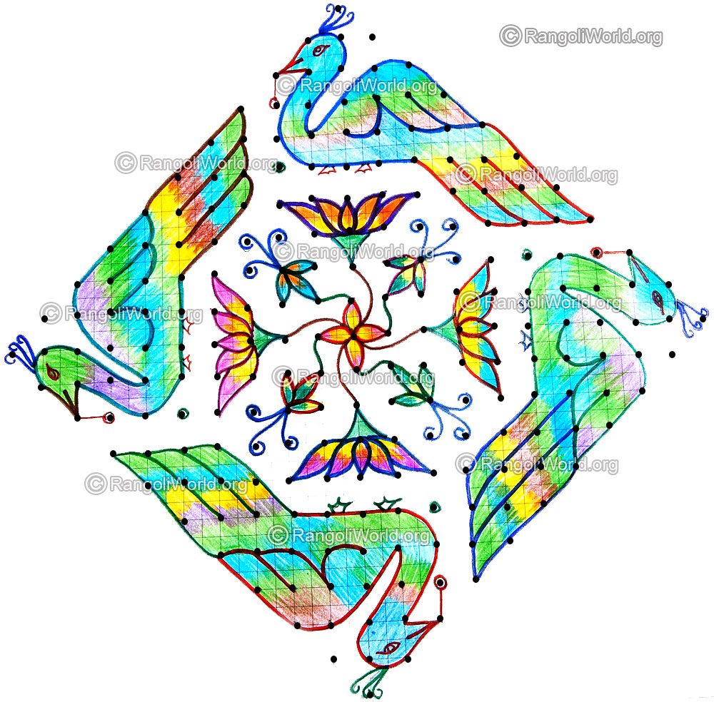 Peacock and lotus kolam with dots