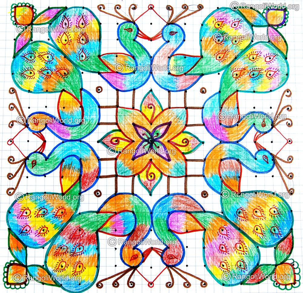 Peacock in love kolam with dots