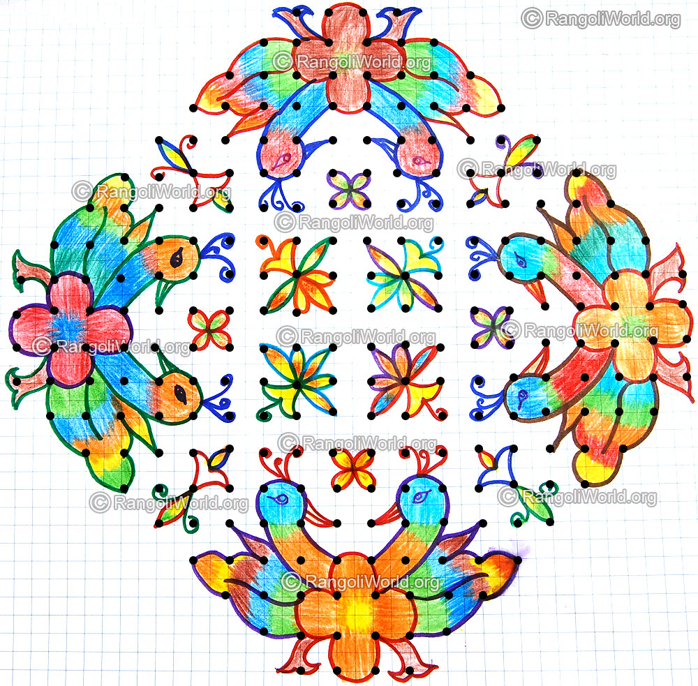 Twin peacock with flowers kolam jan 2015 with dots