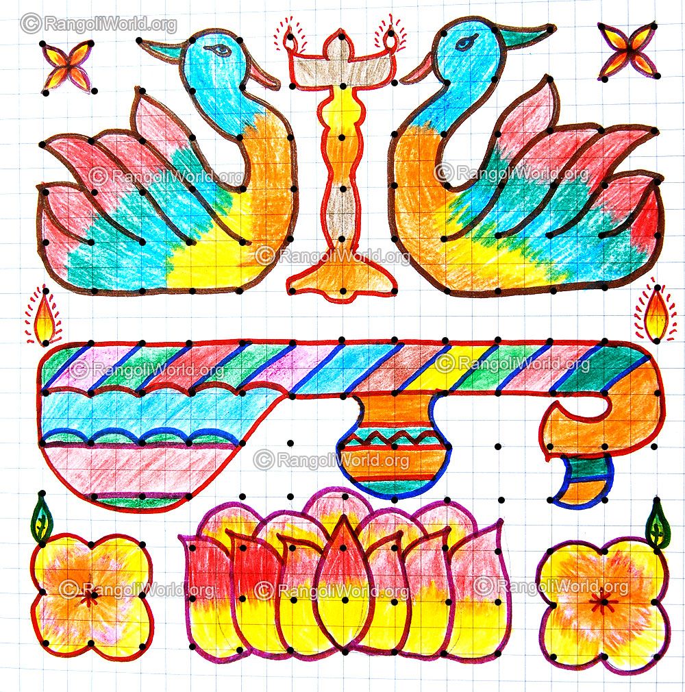 Veena with swan and lotus kolam with dots