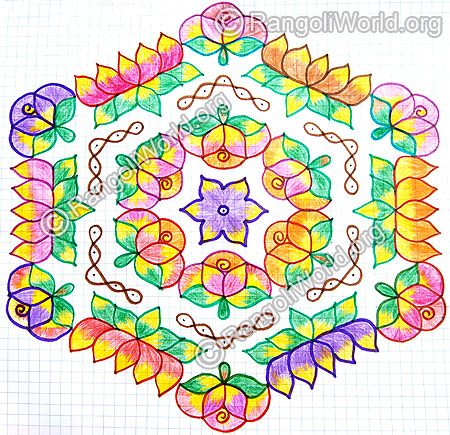 Colorful lotus with rose kolam