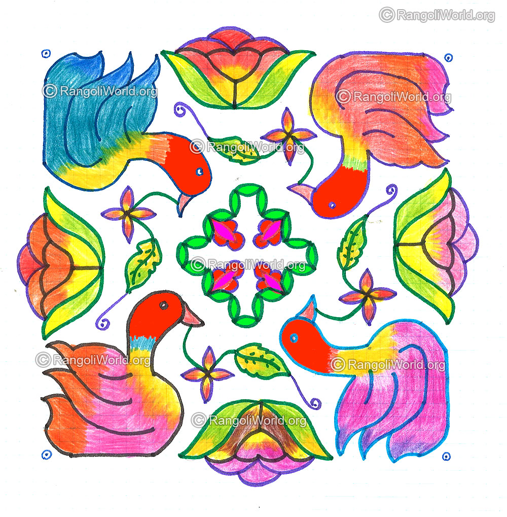 Duck bird and flowers kolam 16 dots margazhi dec jan 2016