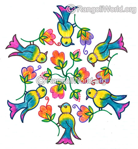 Birds on flowers kolam margazhi month dec jan 2016