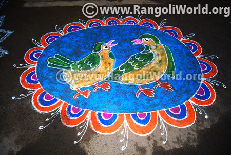 Colourful love birds freehand rangoli margazhi 2017