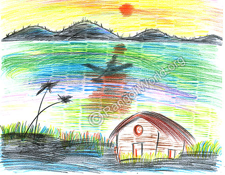Natural scenery with fisherman-Theme Rangoli-Hand drawn
