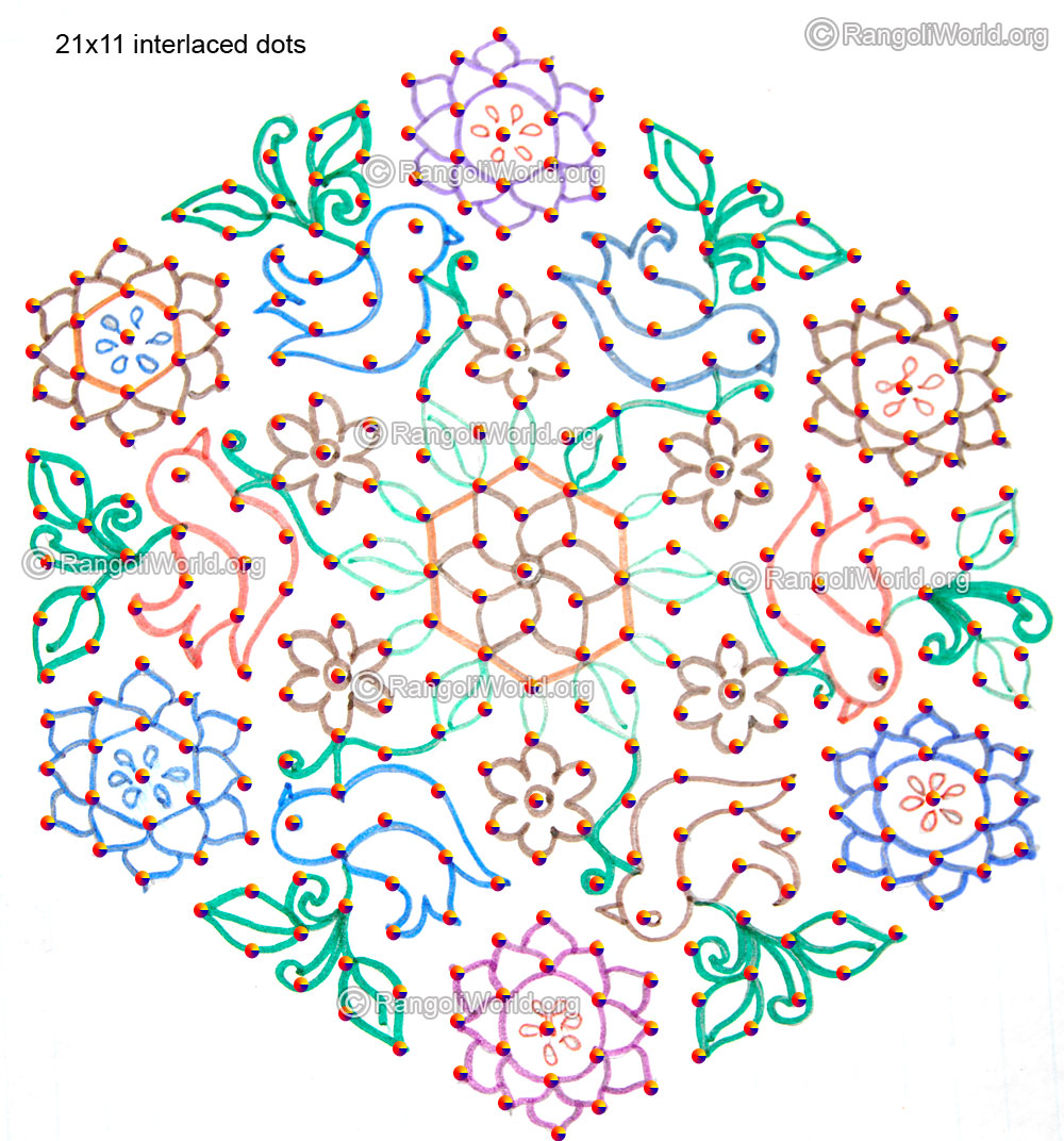 Birds flowers plants kolam with 21 interlaced dots jan 2016