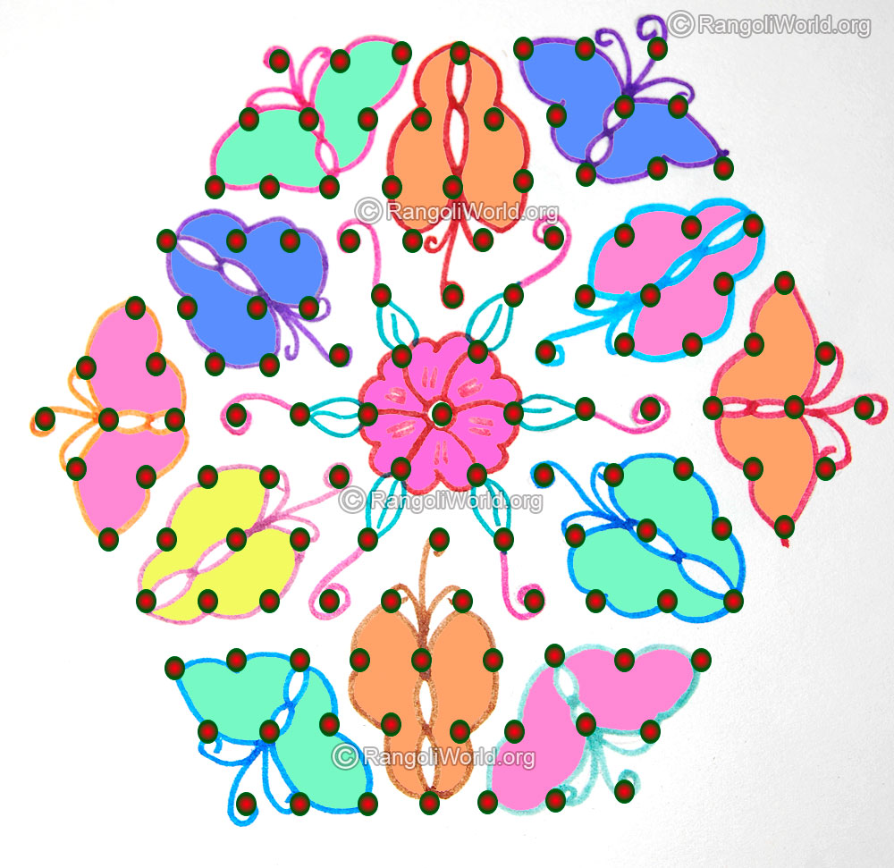 Easy butterflies kolam [13 to 7 interlaced dots]