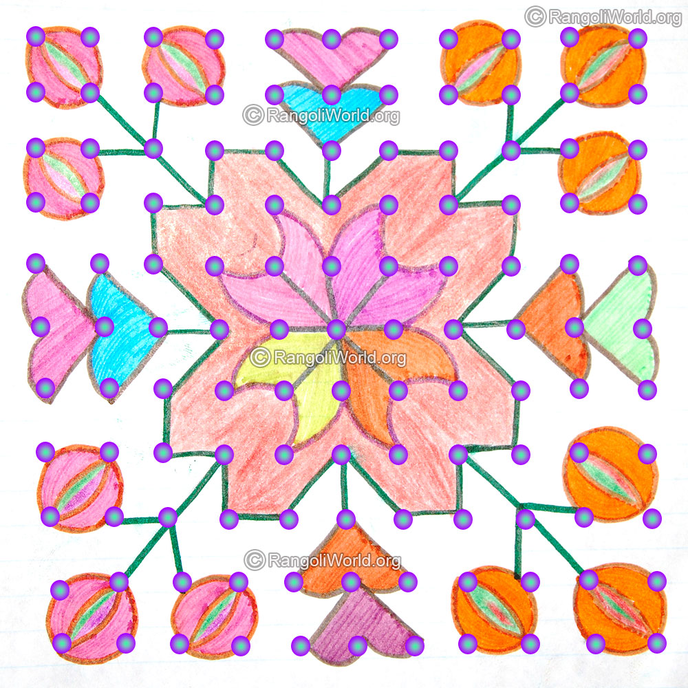 Easy flowers buds kolam with 11 parallel dots jan 2016