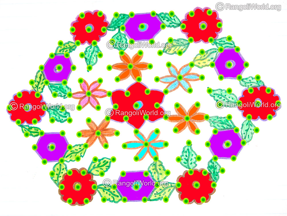 Flowers and leaves kolam jan 2016 with dots