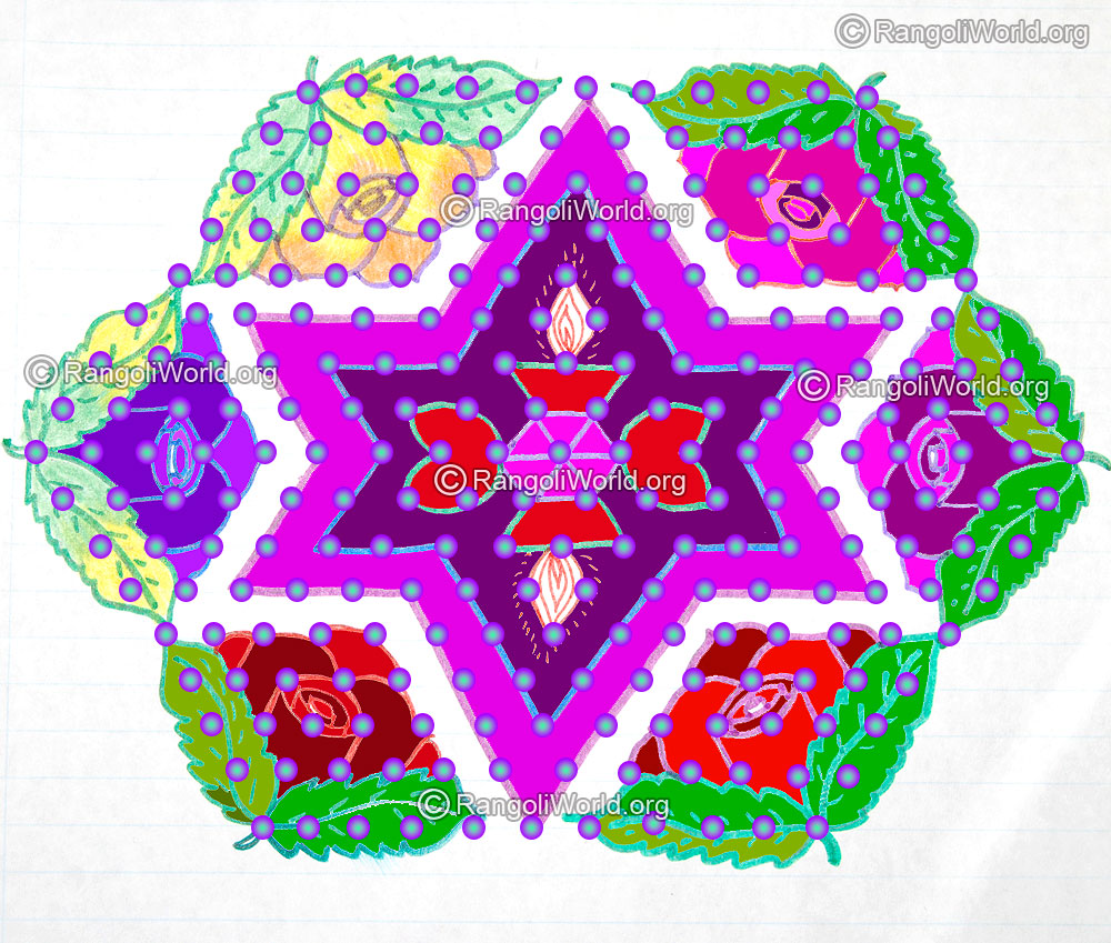 Rose flower deepam kolam with 19 11 interlaced dots jan 2016