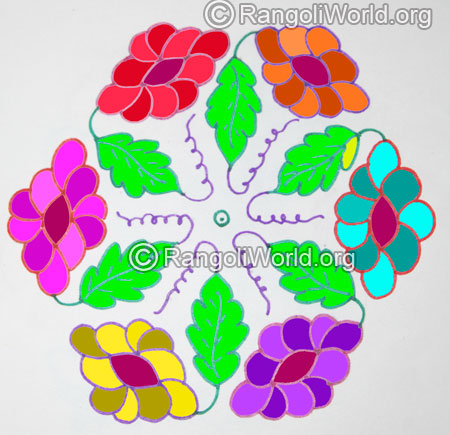 Colorful flowers leaf kolam with 15 interlaced dots jan 2016