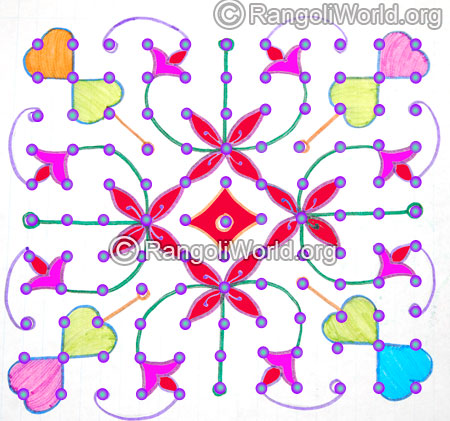 Simple flowers poo kolam with 11 parallel dots jan 2016