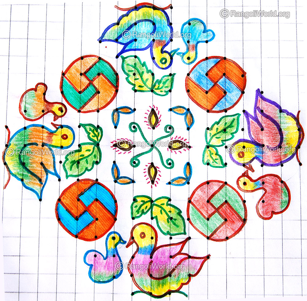 Duck with duckling kolam- 17 dots of 3 rows & end with 3 parallel dots