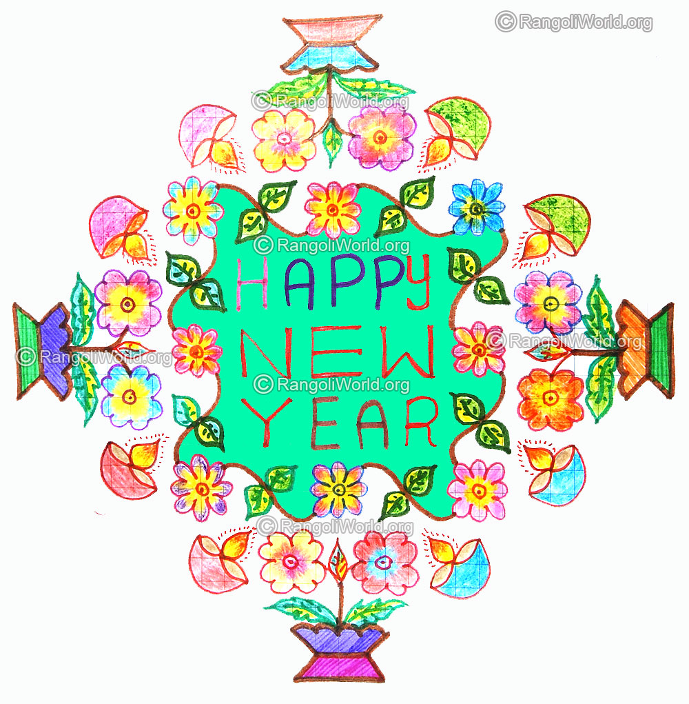 Happy new year kolam with flowers and lamps