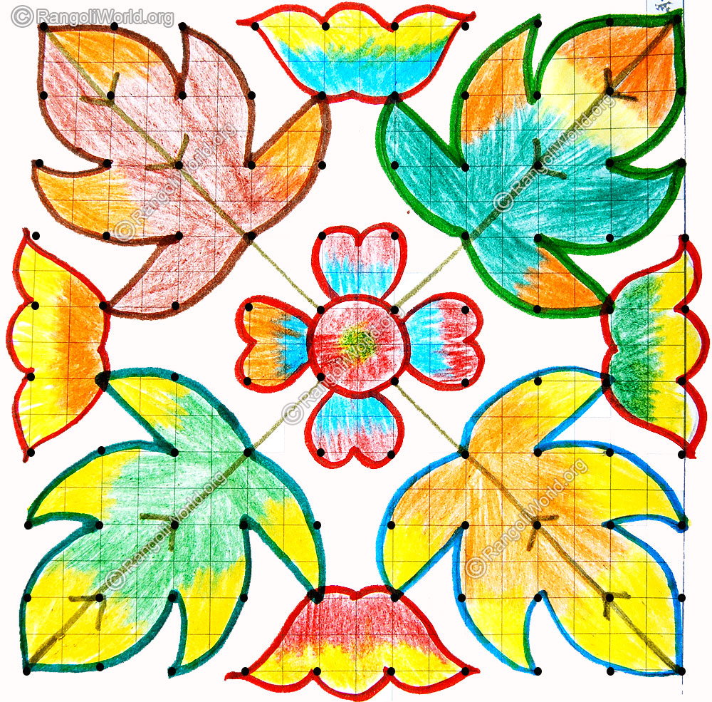 Leaf and flowers kolam with dots