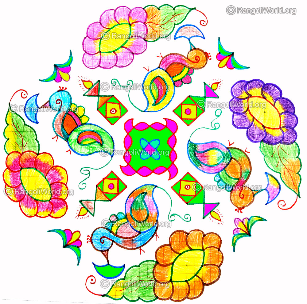 Peacock with flowers and lamps kolam jan1 2015