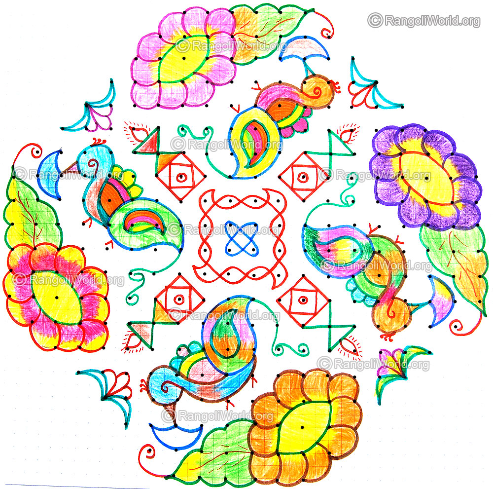 Peacock with flowers and lamps kolam with dots jan1 2015