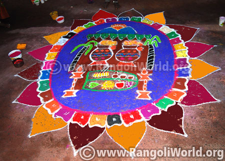 Colourful pongal pot rangoli 2016 latest design