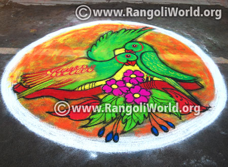 Parrot and flowers rangoli latest 2016