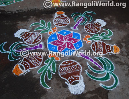 Pongal pot turmeric sugar cane rangoli design 2016 jan 15