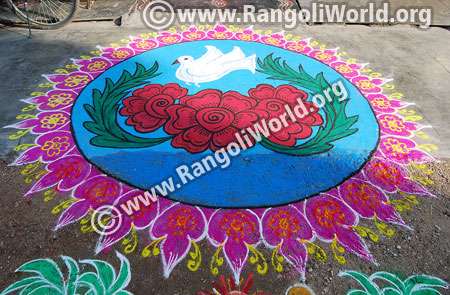 Rose flower with dove rangoli design jan 2016