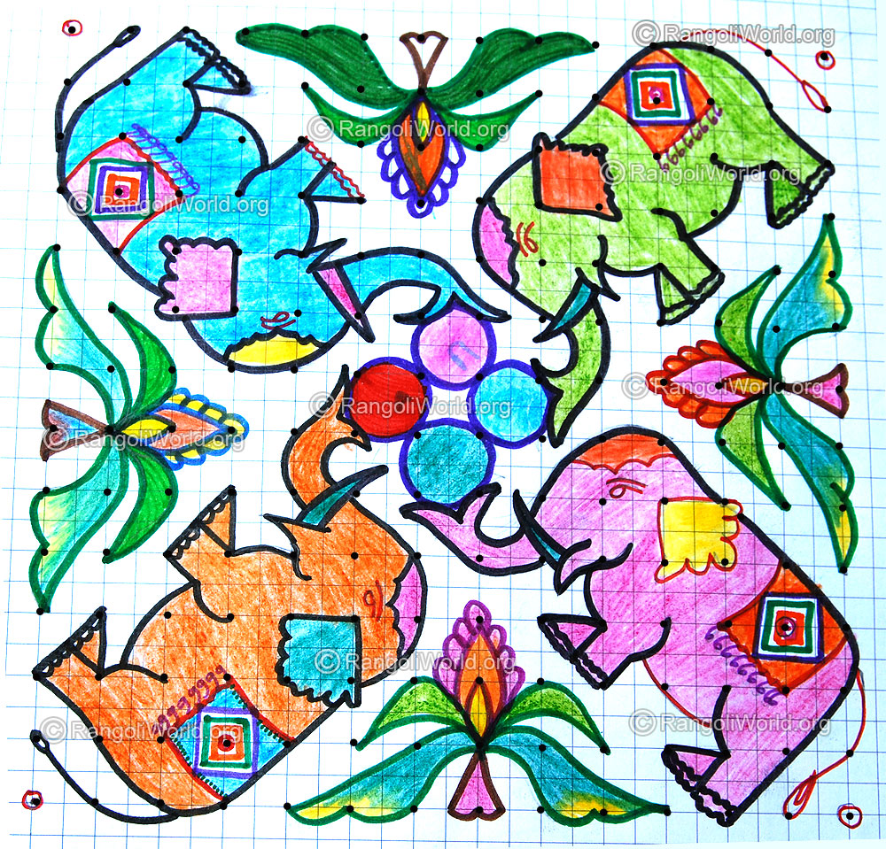 Elephants playing with ball kolam with dots