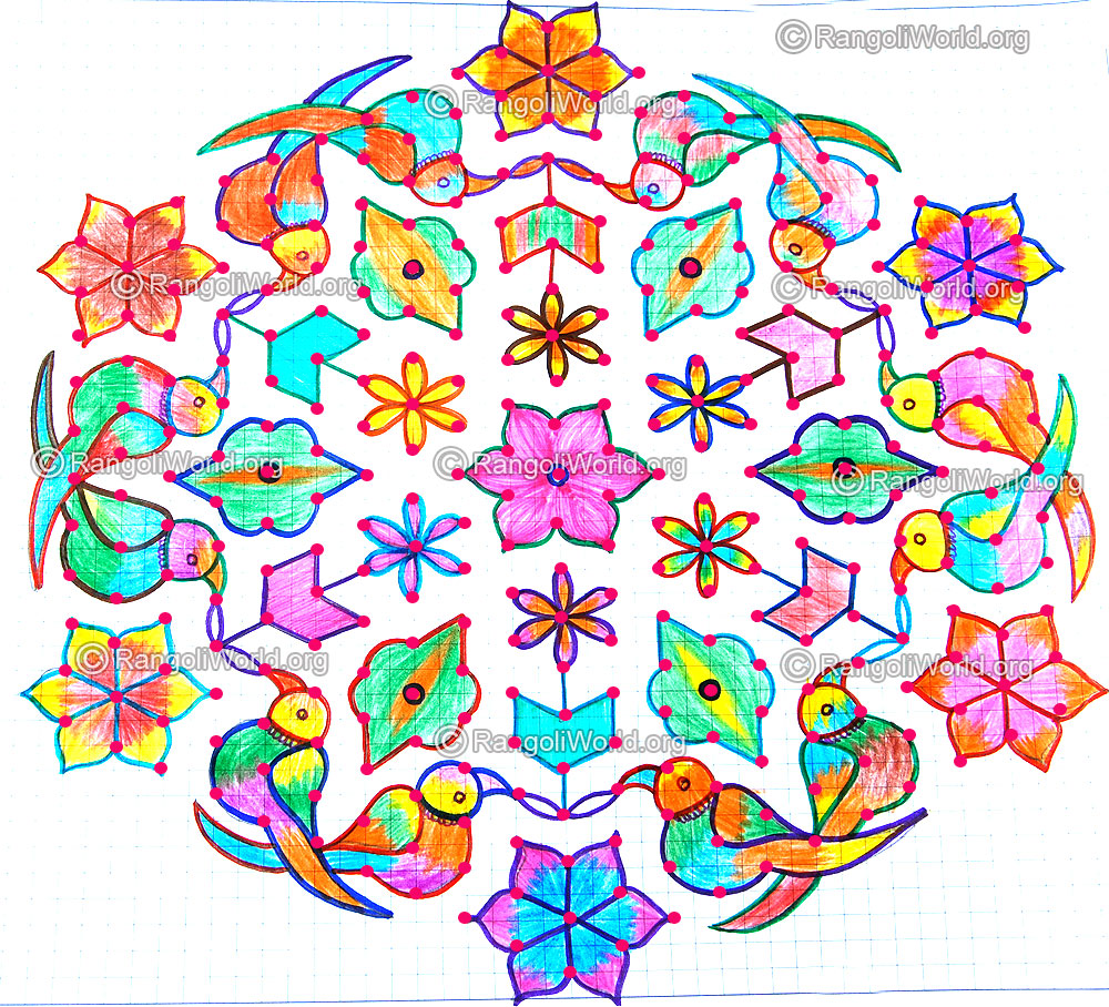 Parrot love kolam with dots