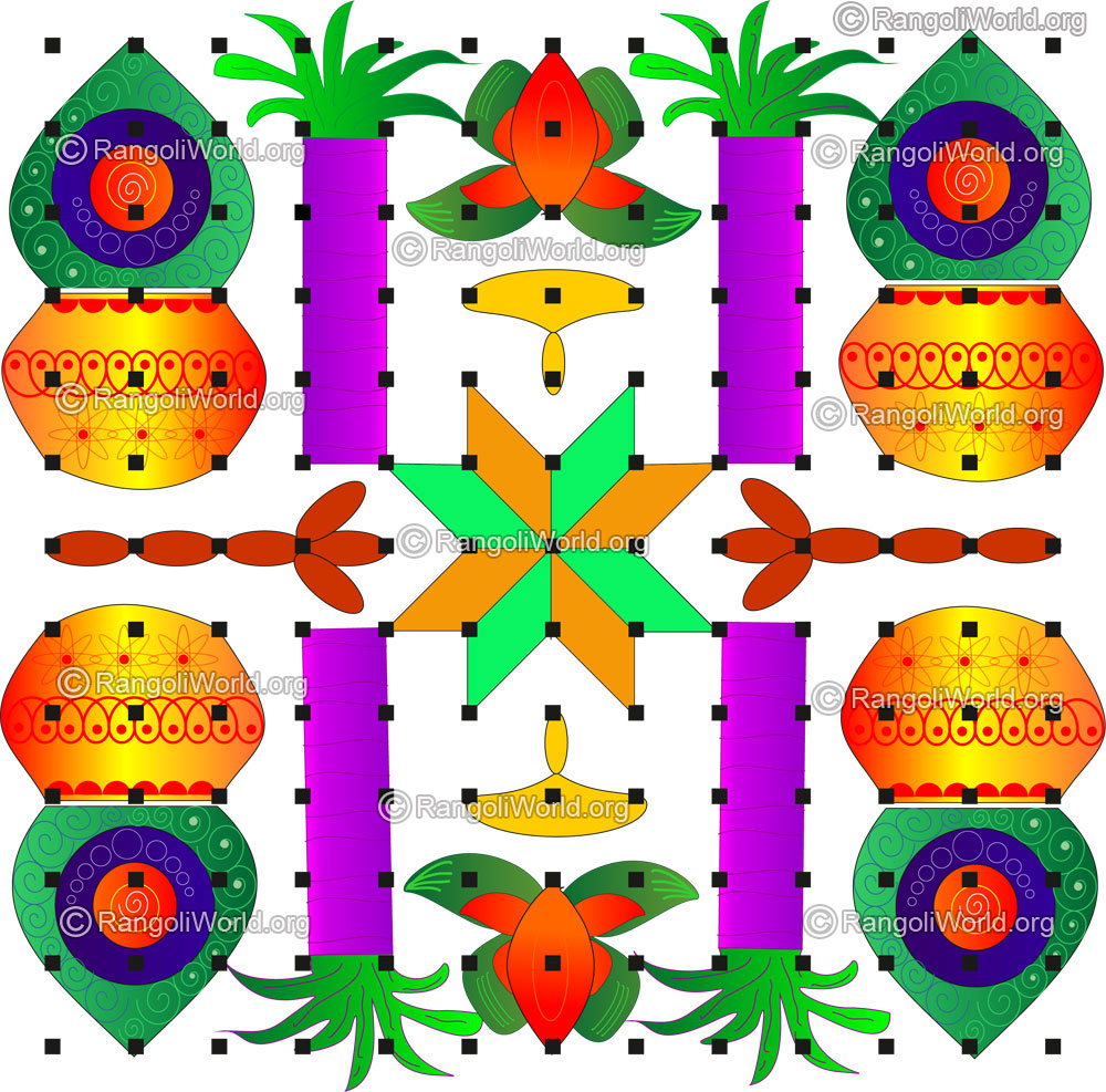Pongal kalasam, sugarcane, star lamp kolam with dots