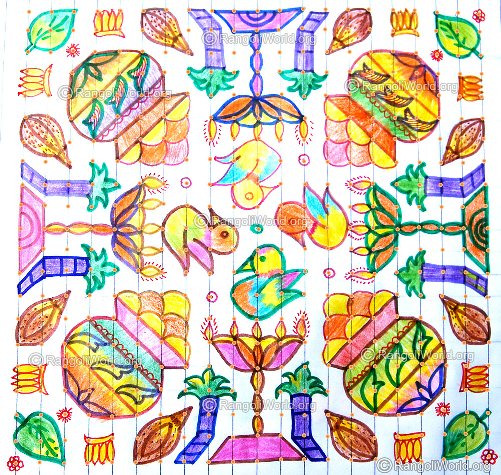 Pongal sugarcane lamp kolam with dots