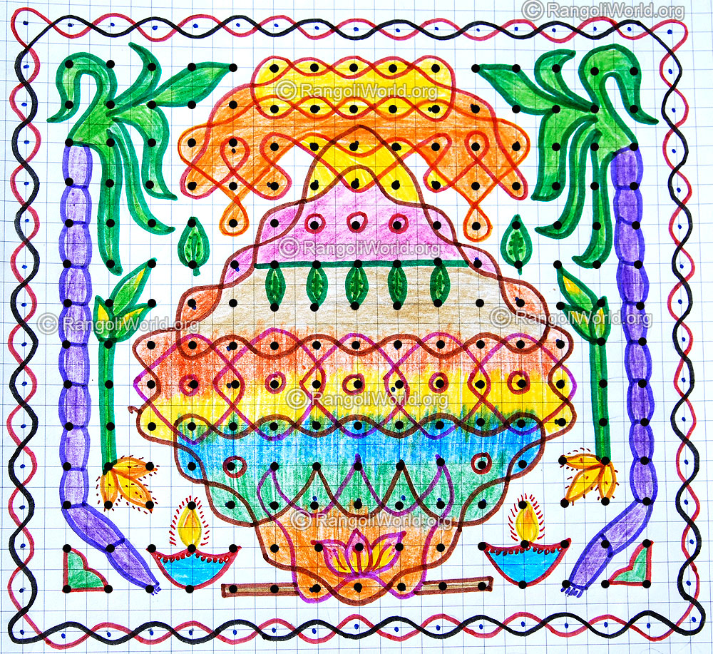 Traditional pongal festival pot sikku kolam with dots