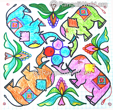 Elephants playing with ball kolam