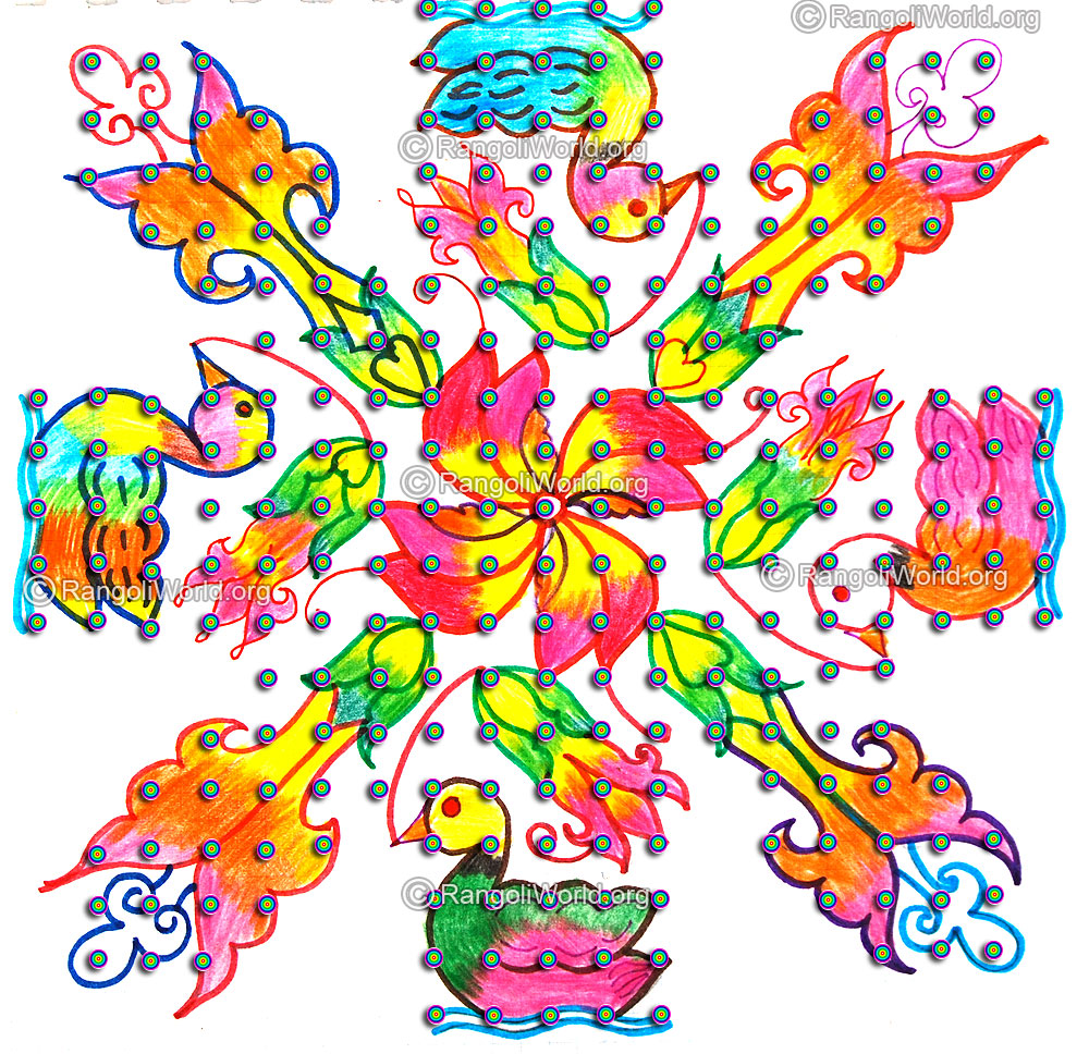 Duck and flowers kolam latest design 2016 with dots