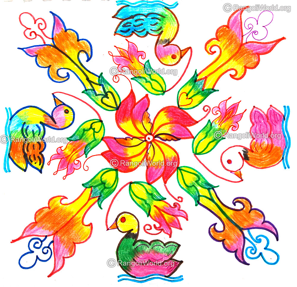 Duck and flowers kolam latest design 2016