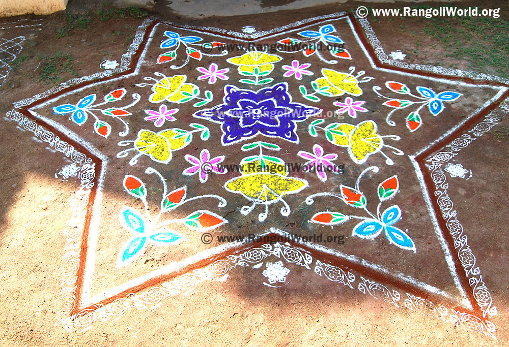 Big star freehand rangoli with hibiscus flower kolam