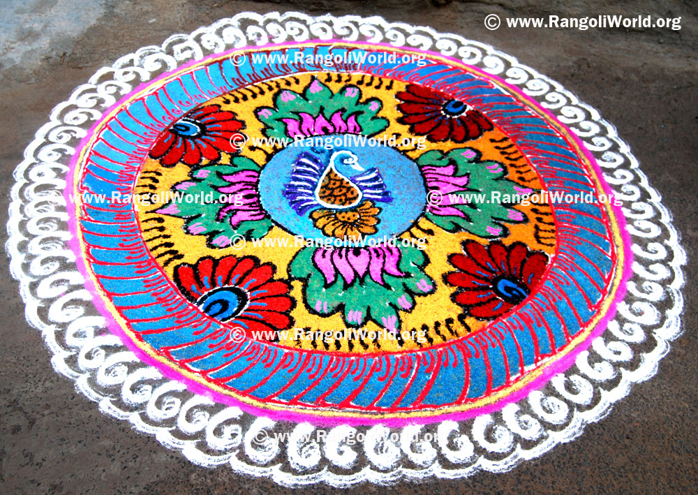 Peacock and lotus freehand Rangoli