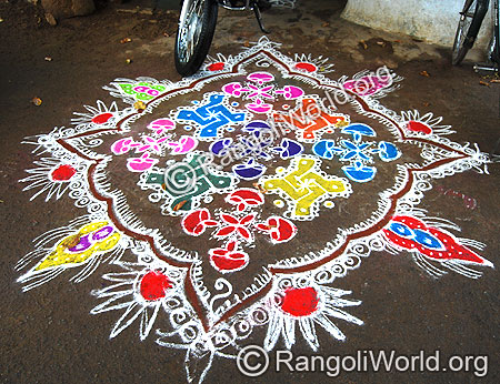 Swastik and deepam Freehand Rangoli kolam