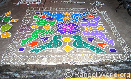 Love birds Rangoli with Nelli Kolam Covering