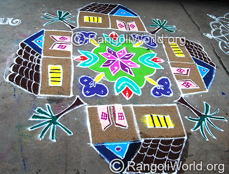 Home Kolam Rangoli with trees and Flowers