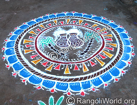 Pongal Theme Rangoli with Two Pongal Pot
